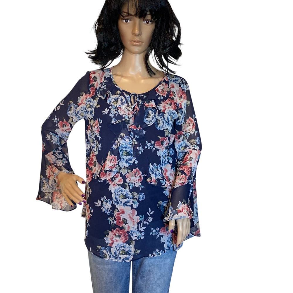 White House Black Market WHBM Navy Floral Print Chiffon Ruffle Blouse Size 8 EUC
